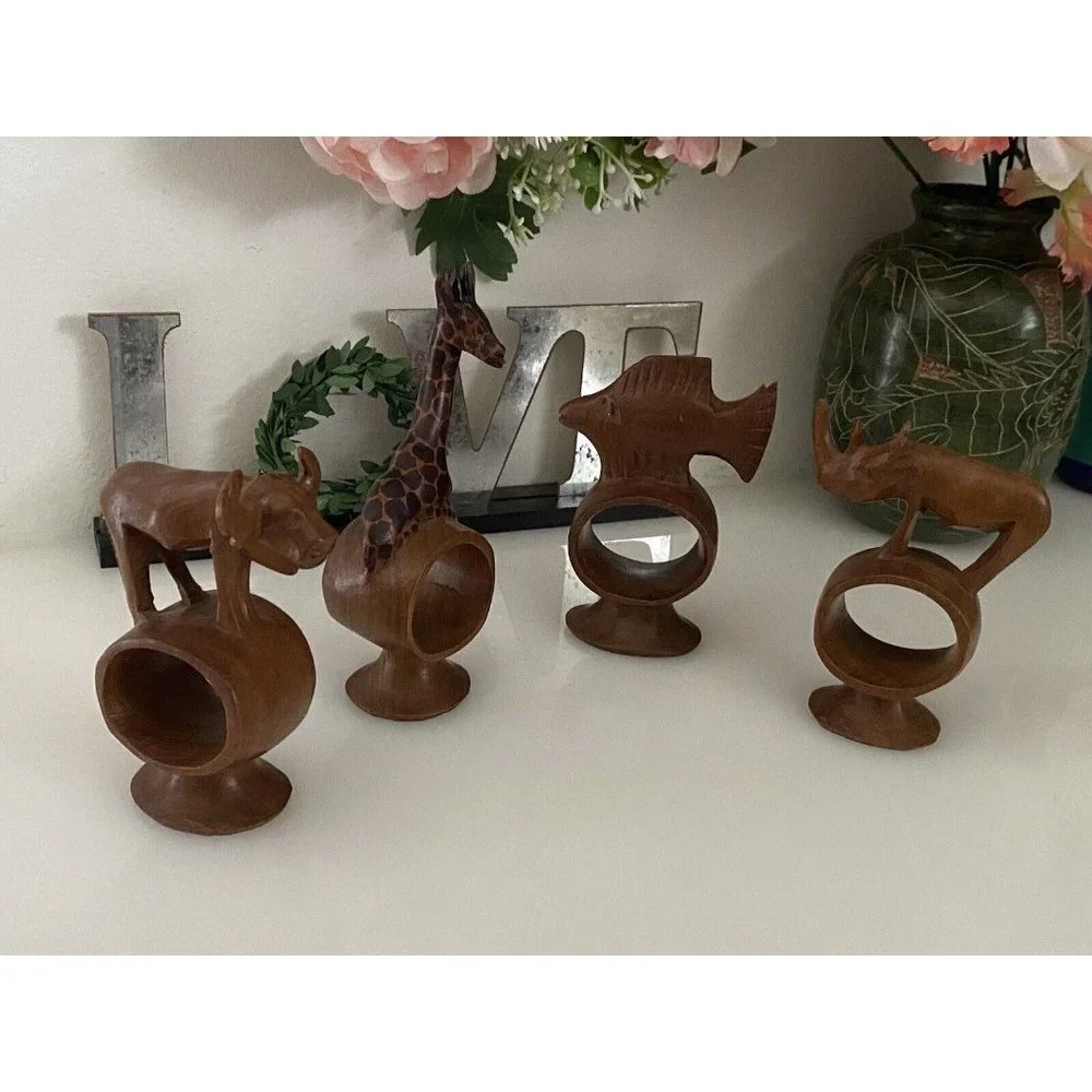 Set of 4 Hand Carved Napkin Rings African Safari Jungle Animal Teak Wood Vintage